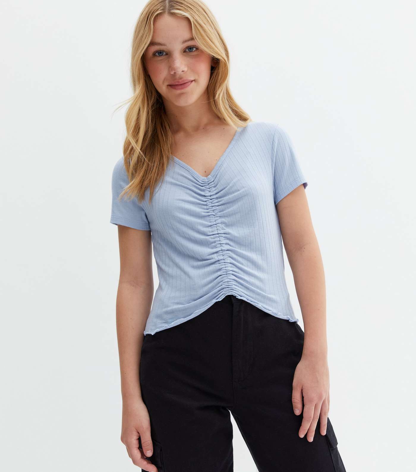 Girls Pale Blue Ribbed Ruched Frill Hem Top
