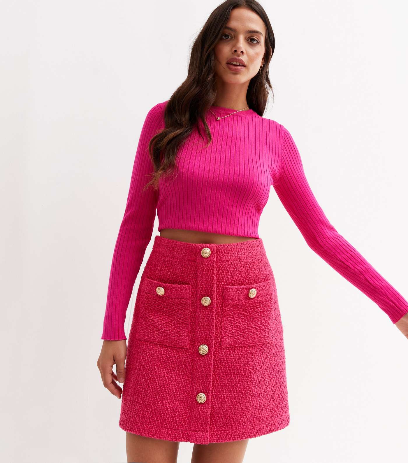 Bright Pink Bouclé Pocket Mini Skirt Image 3