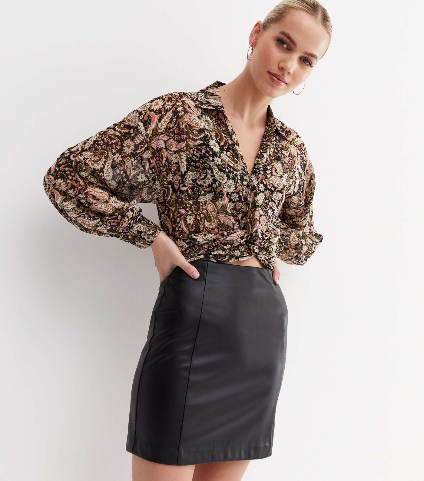 Black Leather-Look High Waist Mini Skirt