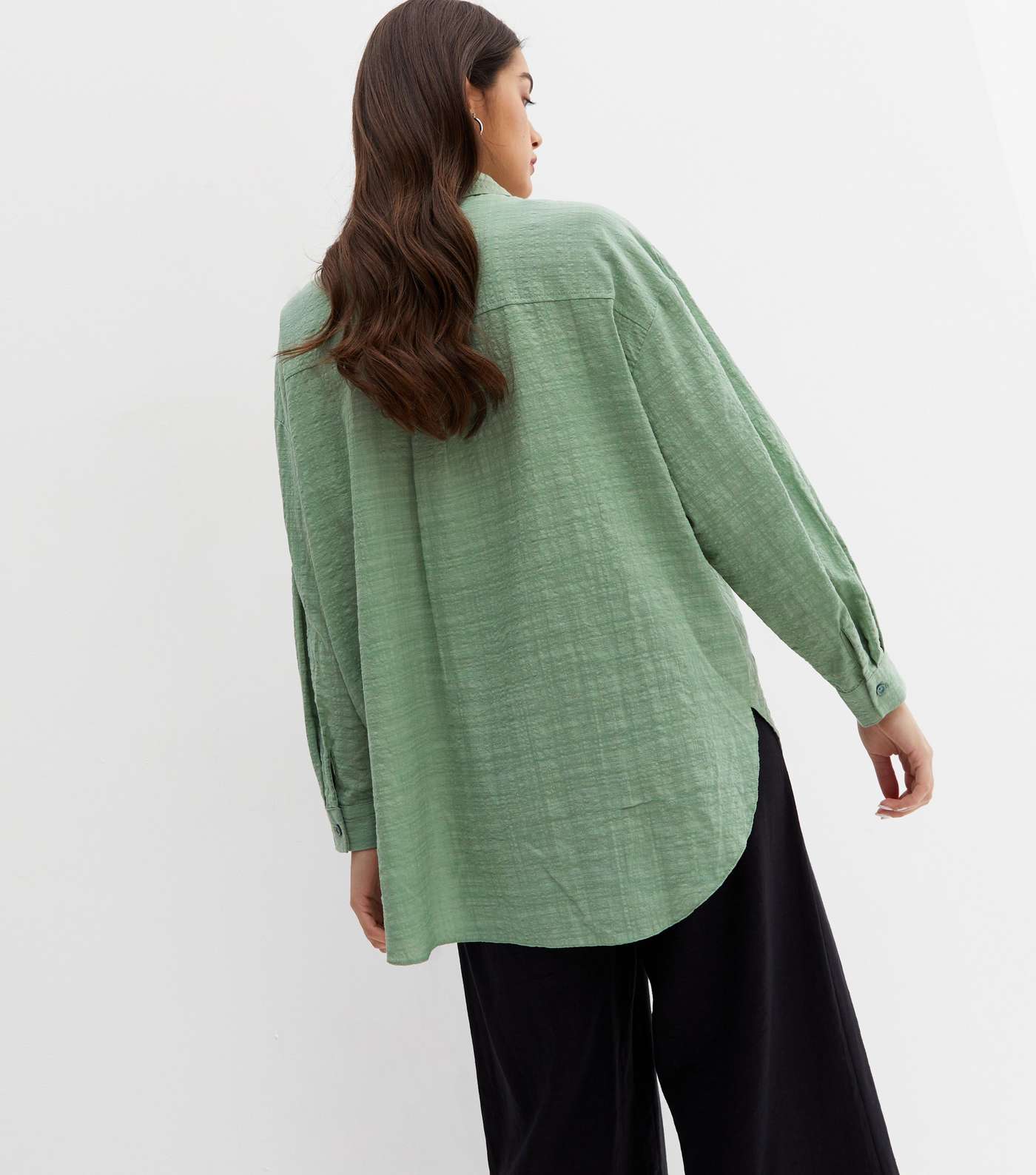 Light Green Textured Long Sleeve Oversized Shirt Image 4