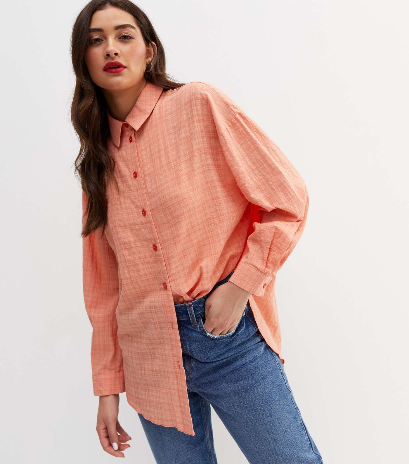 Coral Textured Long Sleeve Oversized Shirt