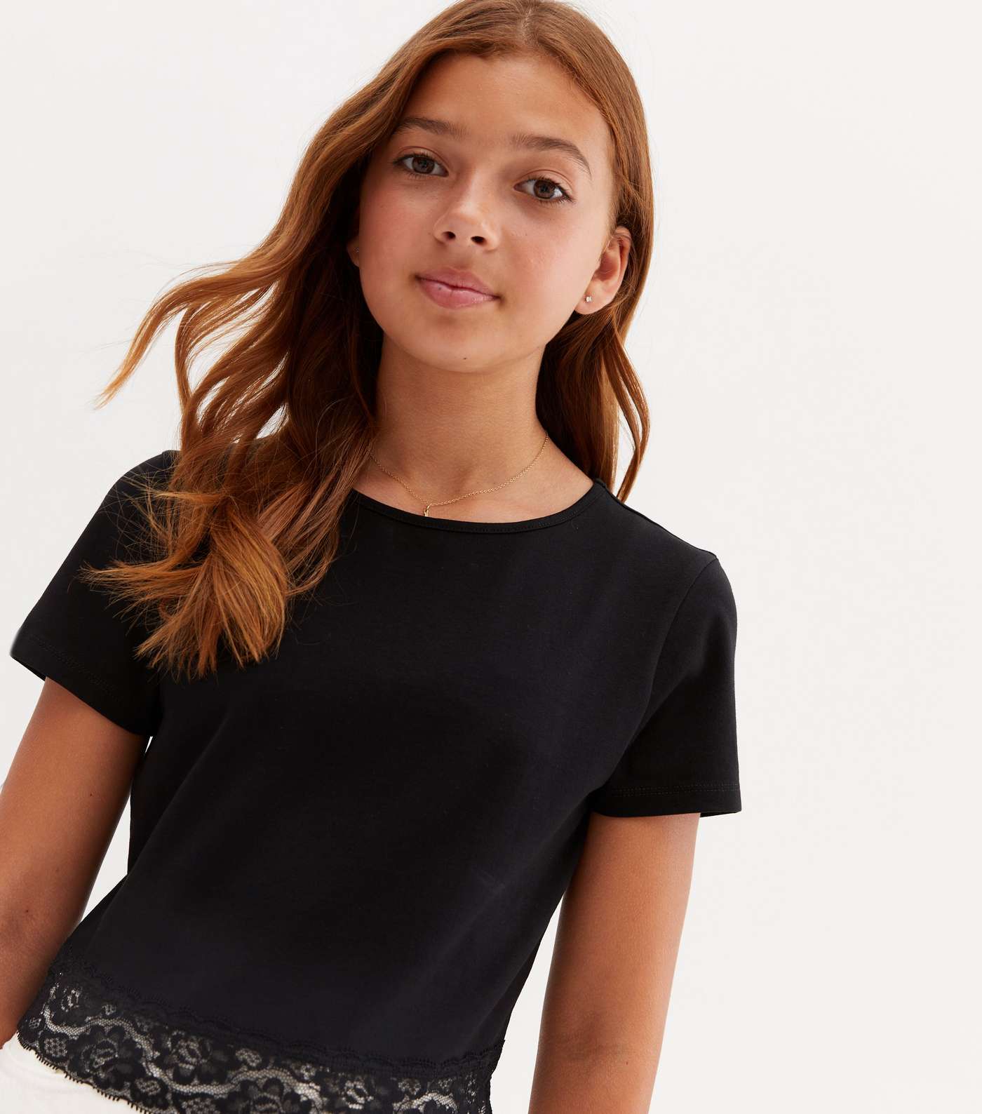 Girls Black Jersey Lace Hem T-Shirt