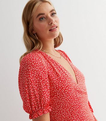 Tall Red Ditsy Floral Puff Sleeve Midi 