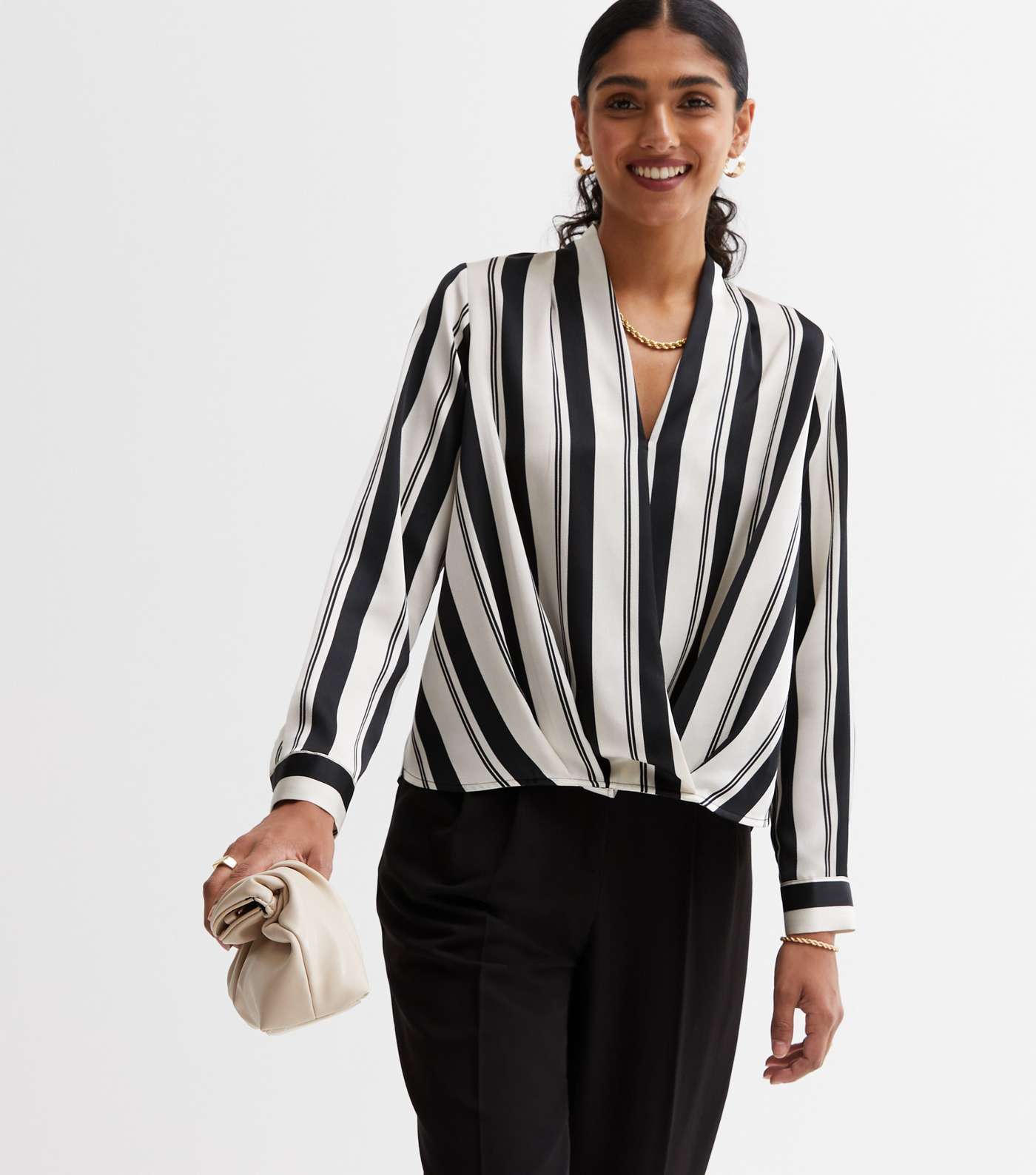 Off White Stripe Long Sleeve Wrap Top Image 3