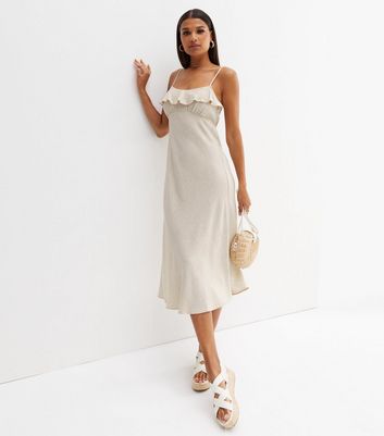 Stone Linen-Look Frill Neck Midi Slip Dress