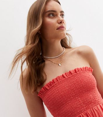 Coral Shirred Frill Bandeau Midi Dress 