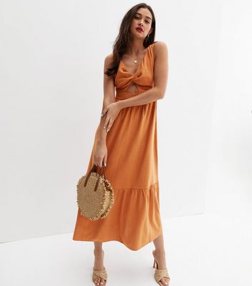 Rust Linen Look Twist Front Tie Back Midi Dress New Look