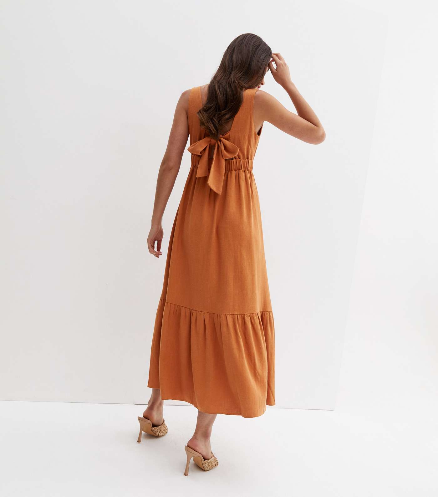 Rust Linen-Look Twist Front Tie Back Midi Dress Image 4