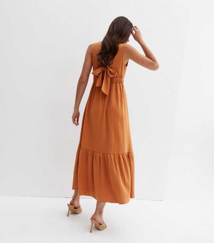 Rust Linen-Look Twist Front Tie Back Midi Dress | New Look
