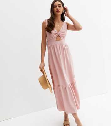 Mid Pink Linen-Look Twist Front Tie Back Midi Dress