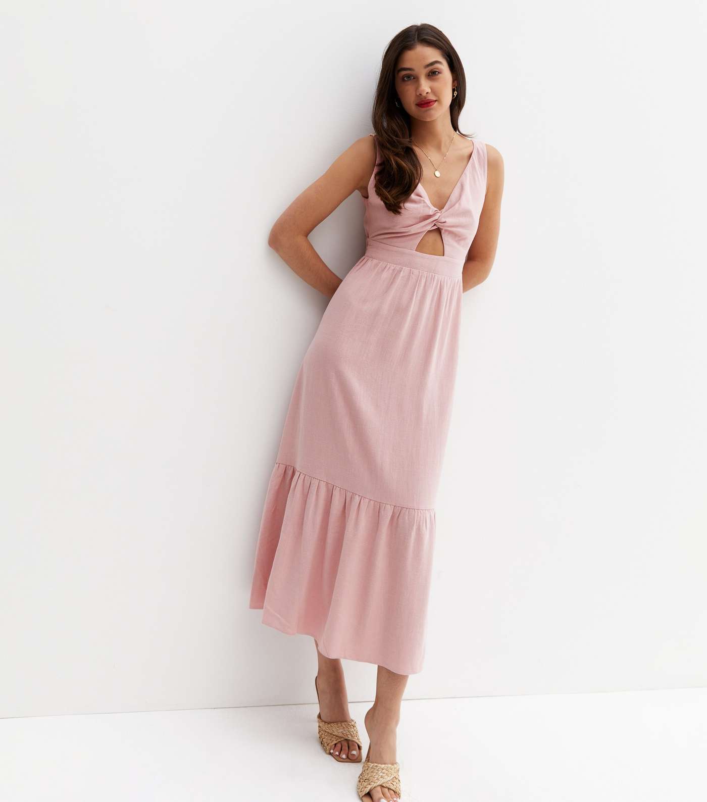 Mid Pink Linen-Look Twist Front Tie Back Midi Dress Image 2