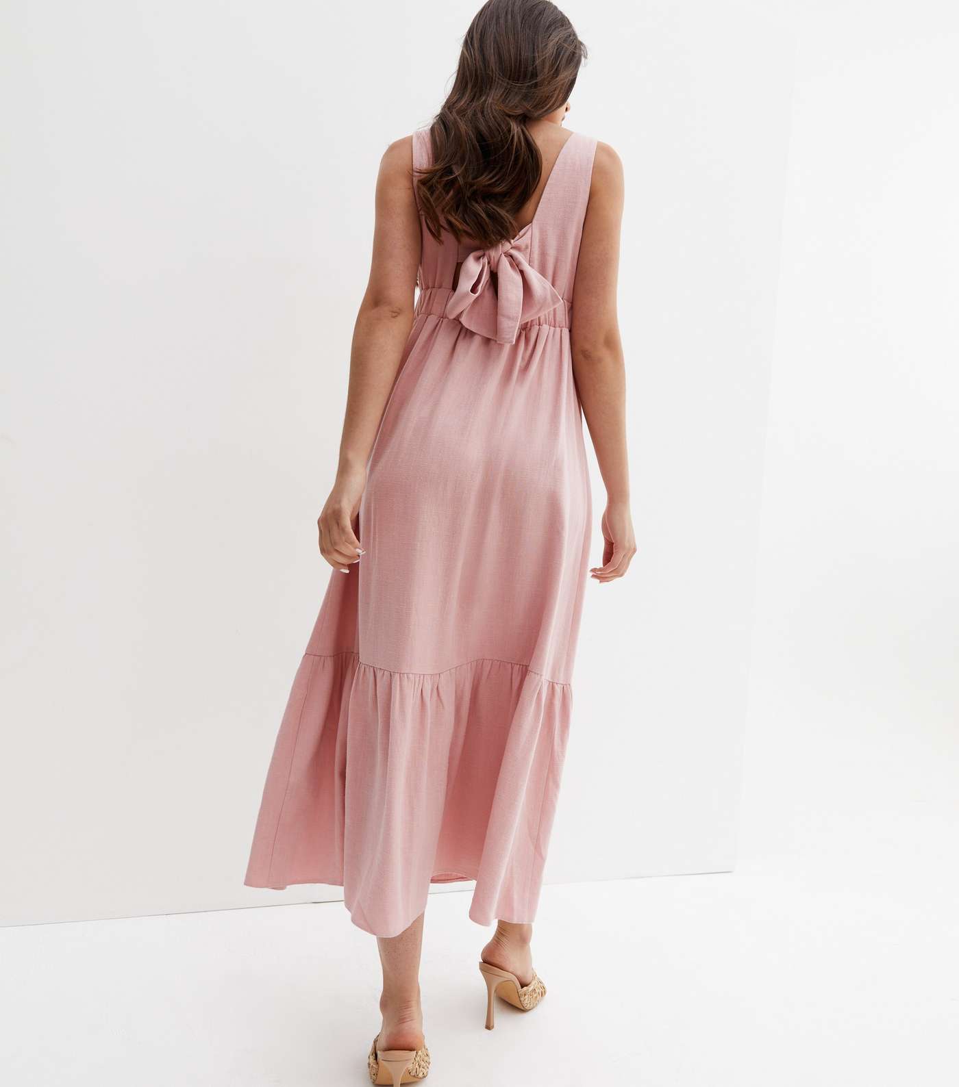 Mid Pink Linen-Look Twist Front Tie Back Midi Dress Image 4