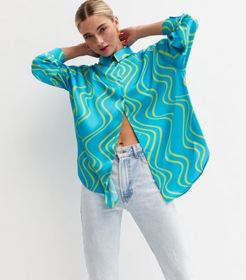 Blue Wavy Satin Oversized Shirt