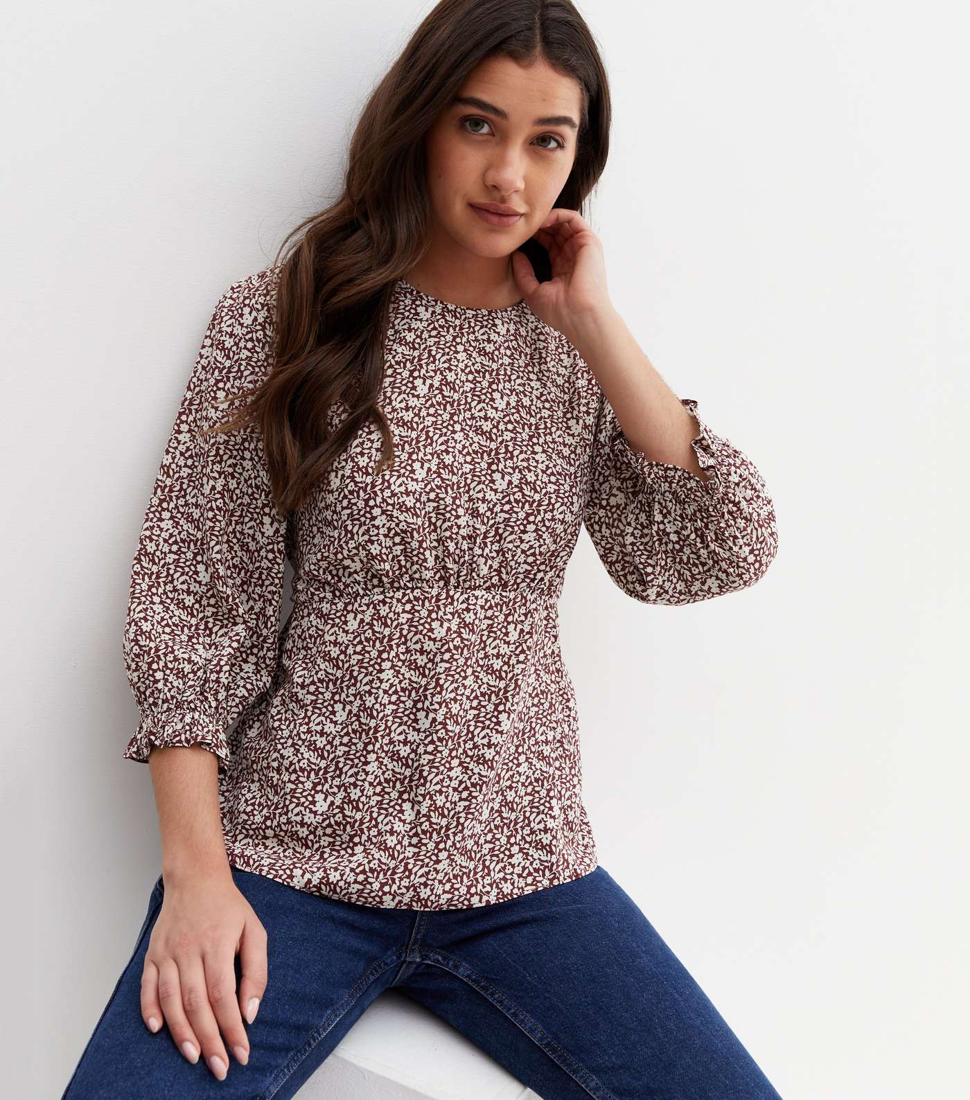 Purple Ditsy Floral 3/4 Puff Sleeve Top