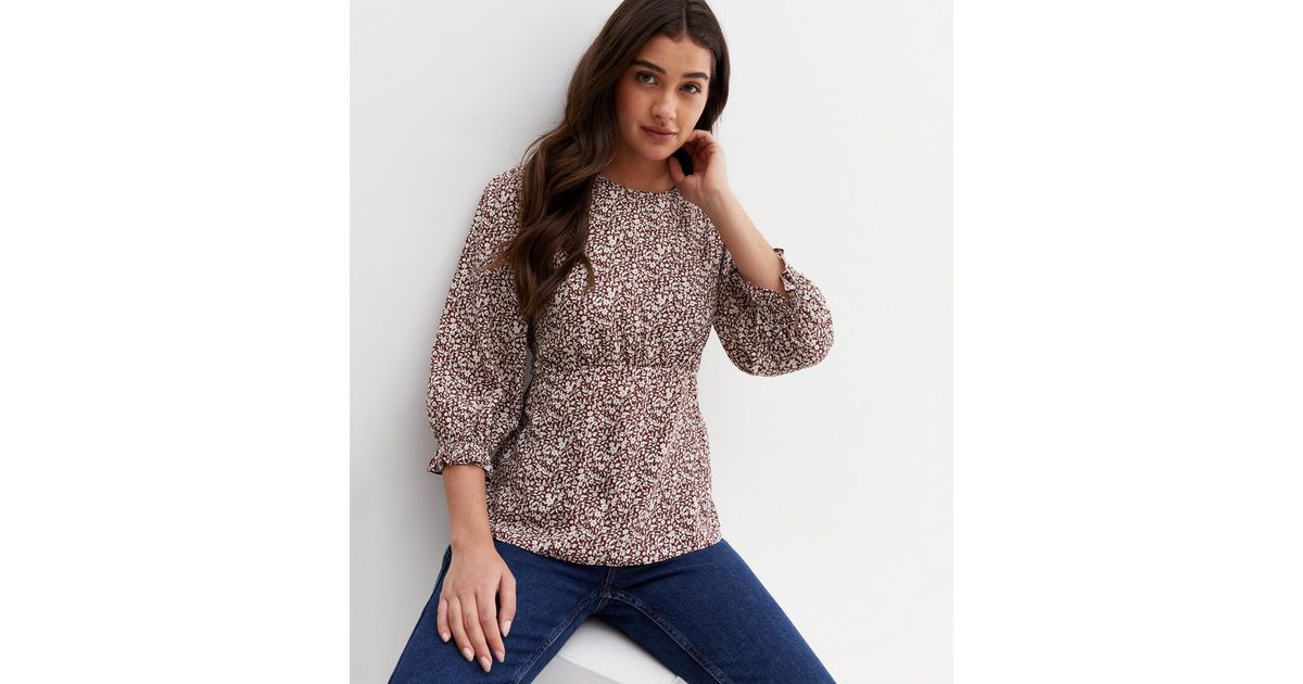 Purple Ditsy Floral 3/4 Puff Sleeve Top | New Look
