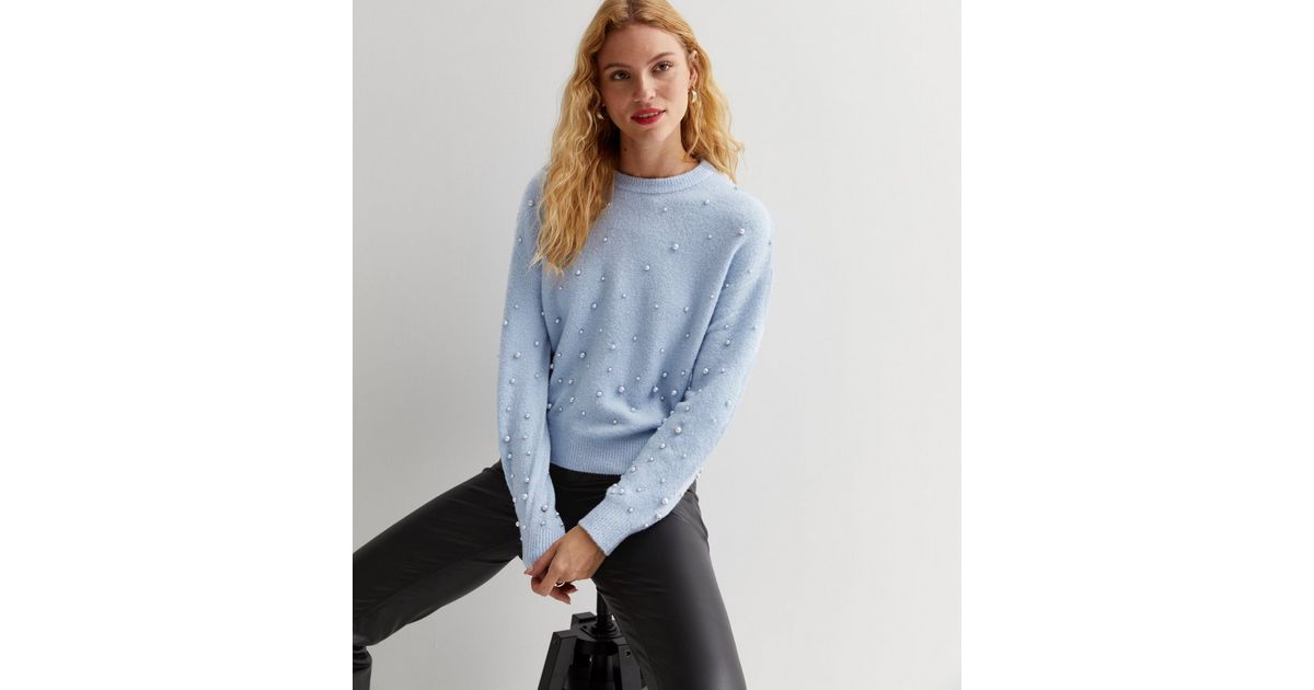 Pale Blue Knit Faux Pearl Embellished Crew Neck Jumper New Look