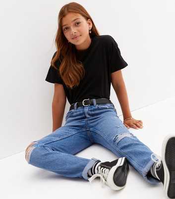Girls Blue Ripped Belted Slim Fit Tori Mom Jeans