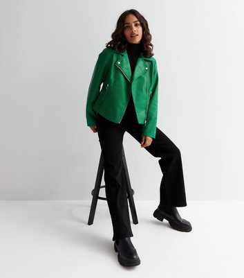 Petite Green Quilted Leather-Look Biker Jacket