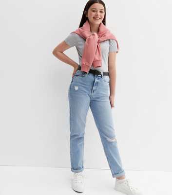 Girls Blue Ripped Knee Slim Fit Belted Tori Mom Jeans
