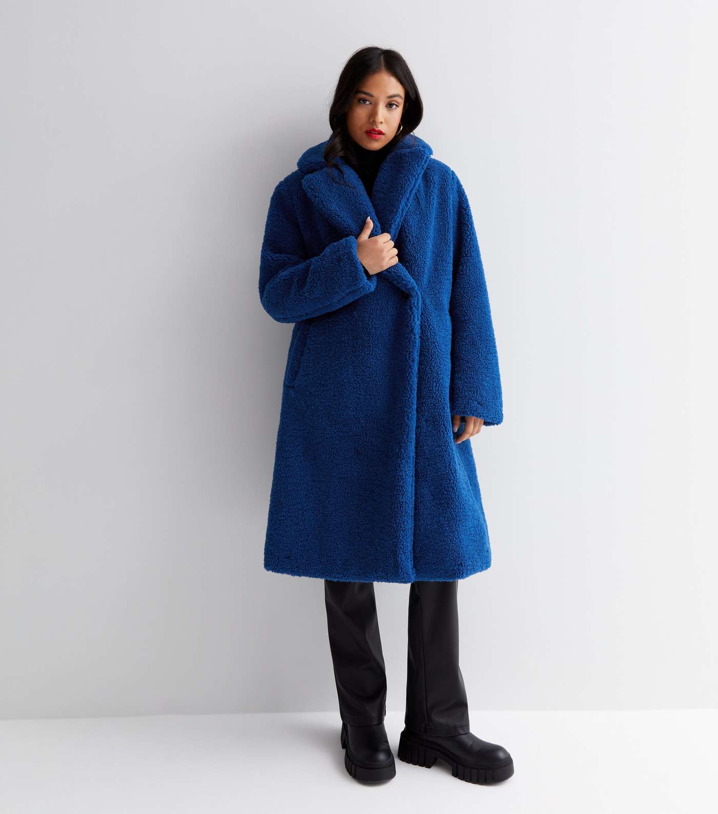 Petite Bright Blue Teddy Double Breasted Coat