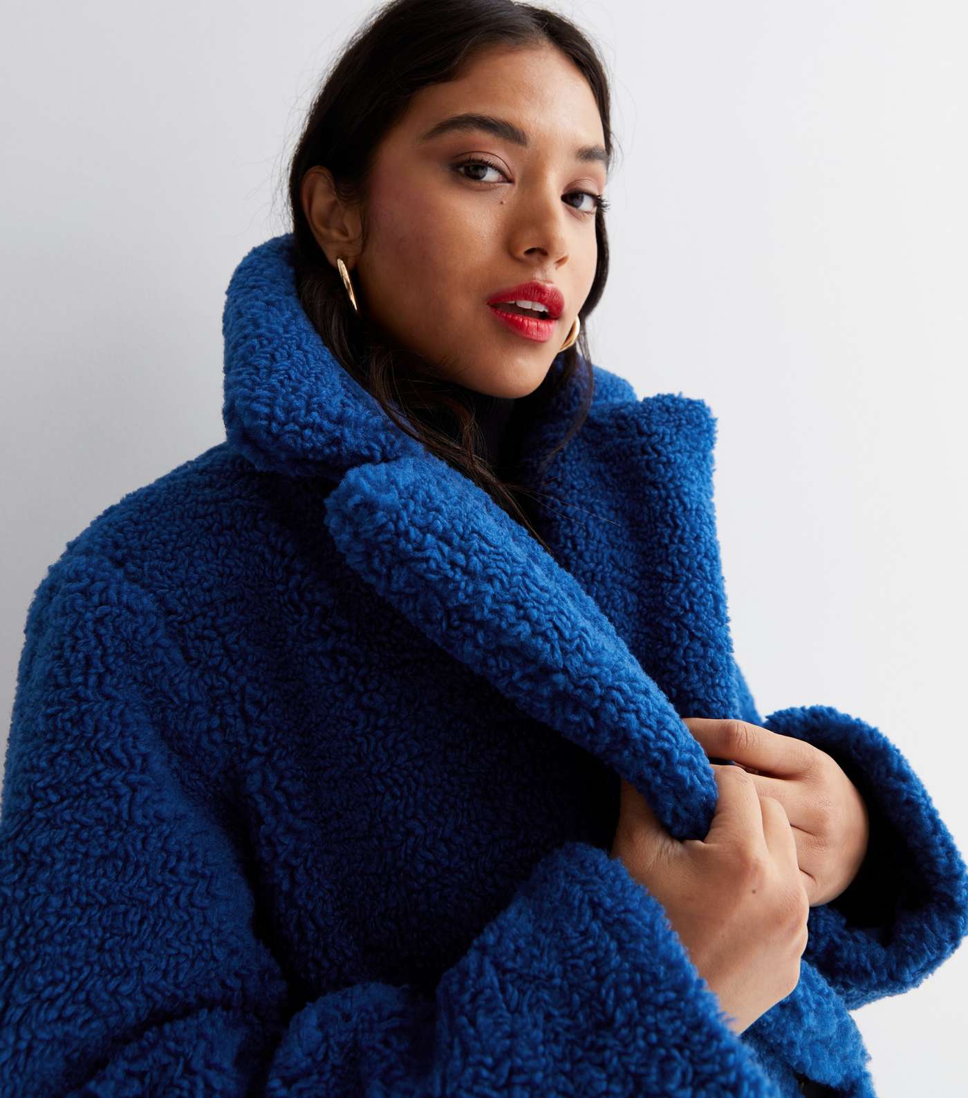 Petite Bright Blue Teddy Double Breasted Coat Image 3