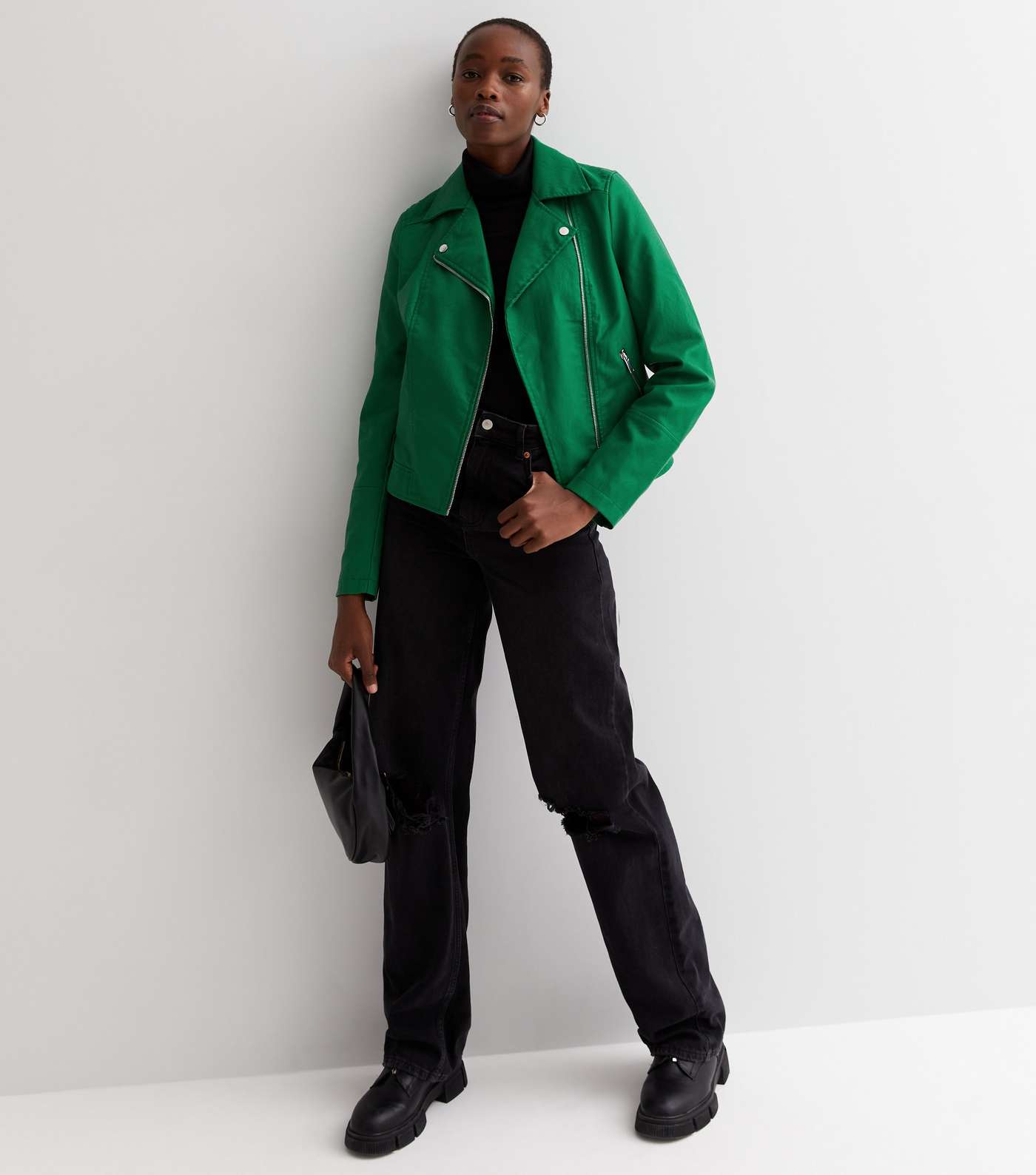 Tall Green Quilted Leather-Look Biker Jacket Image 3