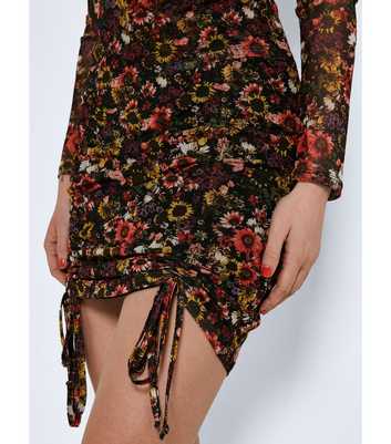 Noisy May Brown Floral Mesh Ruched Mini Skirt