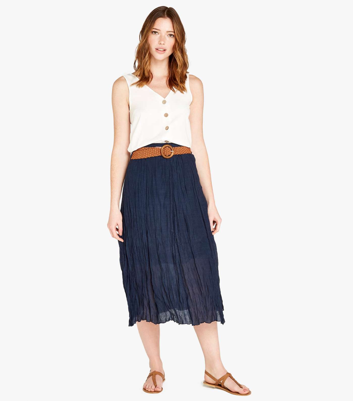 Apricot Navy Crinkle Midi Skirt Image 2