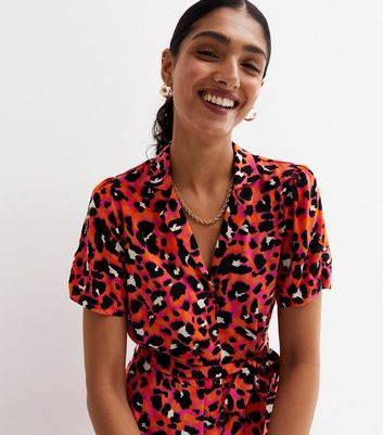 Orange Leopard Print Revere Collar Mini Shirt Dress