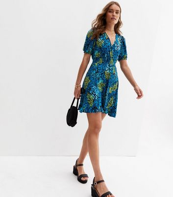 Blue Leopard Print Short Sleeve Mini Wrap Dress