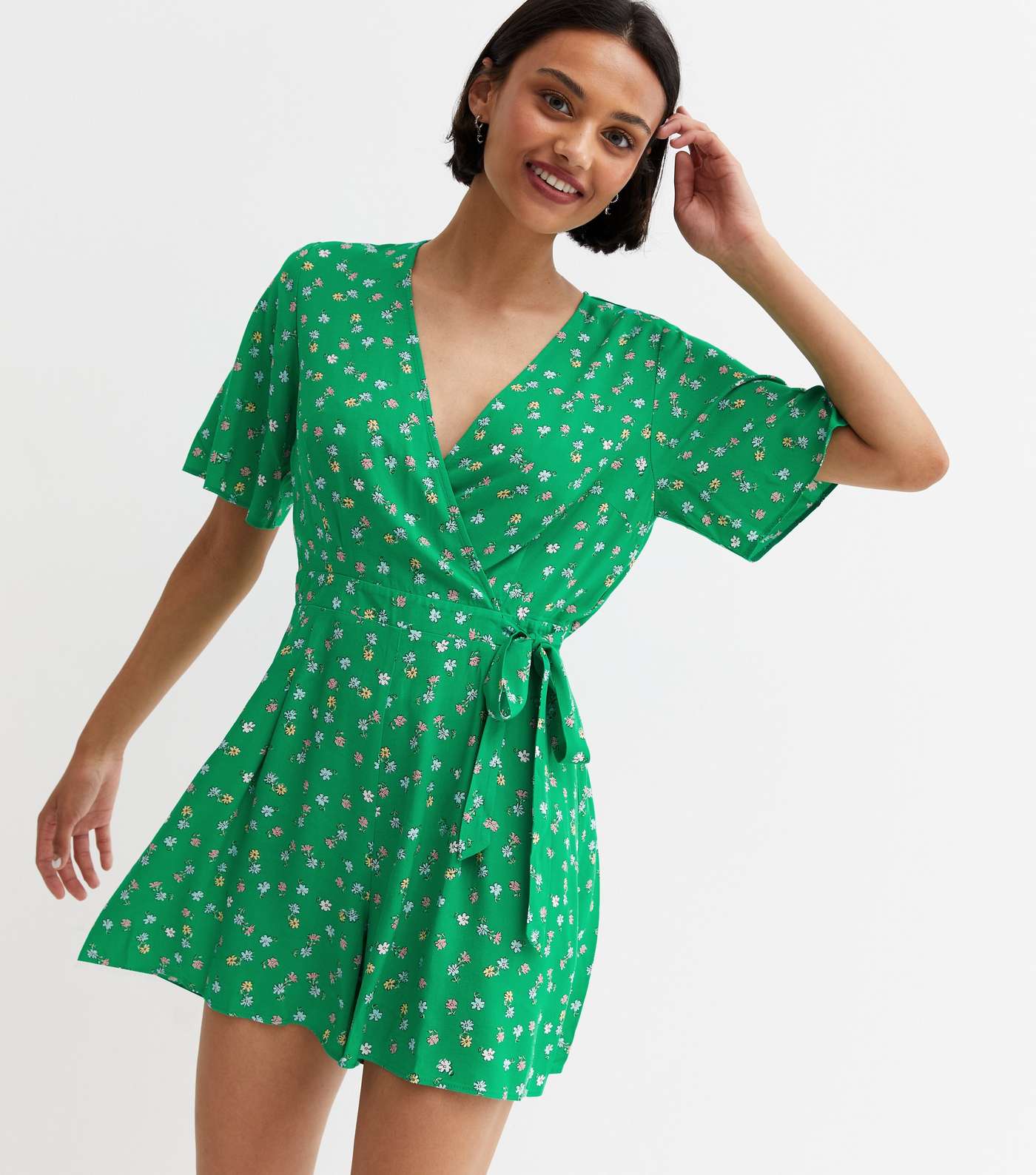 Green Ditsy Floral Flutter Sleeve Mini Wrap Playsuit
