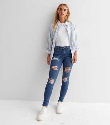 Petite Blue Extreme Ripped High Waist Hallie Super Skinny Jeans