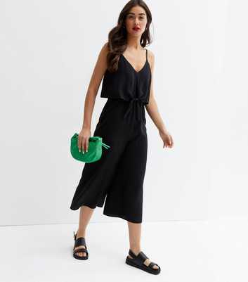Black Tie Front Wide Leg Crop Jumpsuit