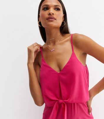 Bright Pink Tie Front Wide Leg Crop Jumpsuit New Look