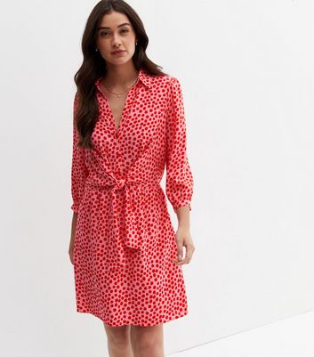 Pink Spot Satin Tie Front Mini Shirt Dress