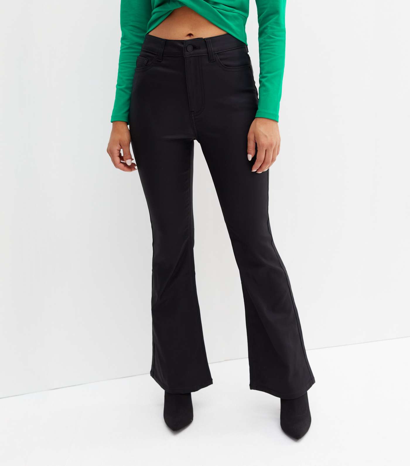 Petite Black Coated Leather-Look Waist Enhance Quinn Bootcut Jeans Image 2