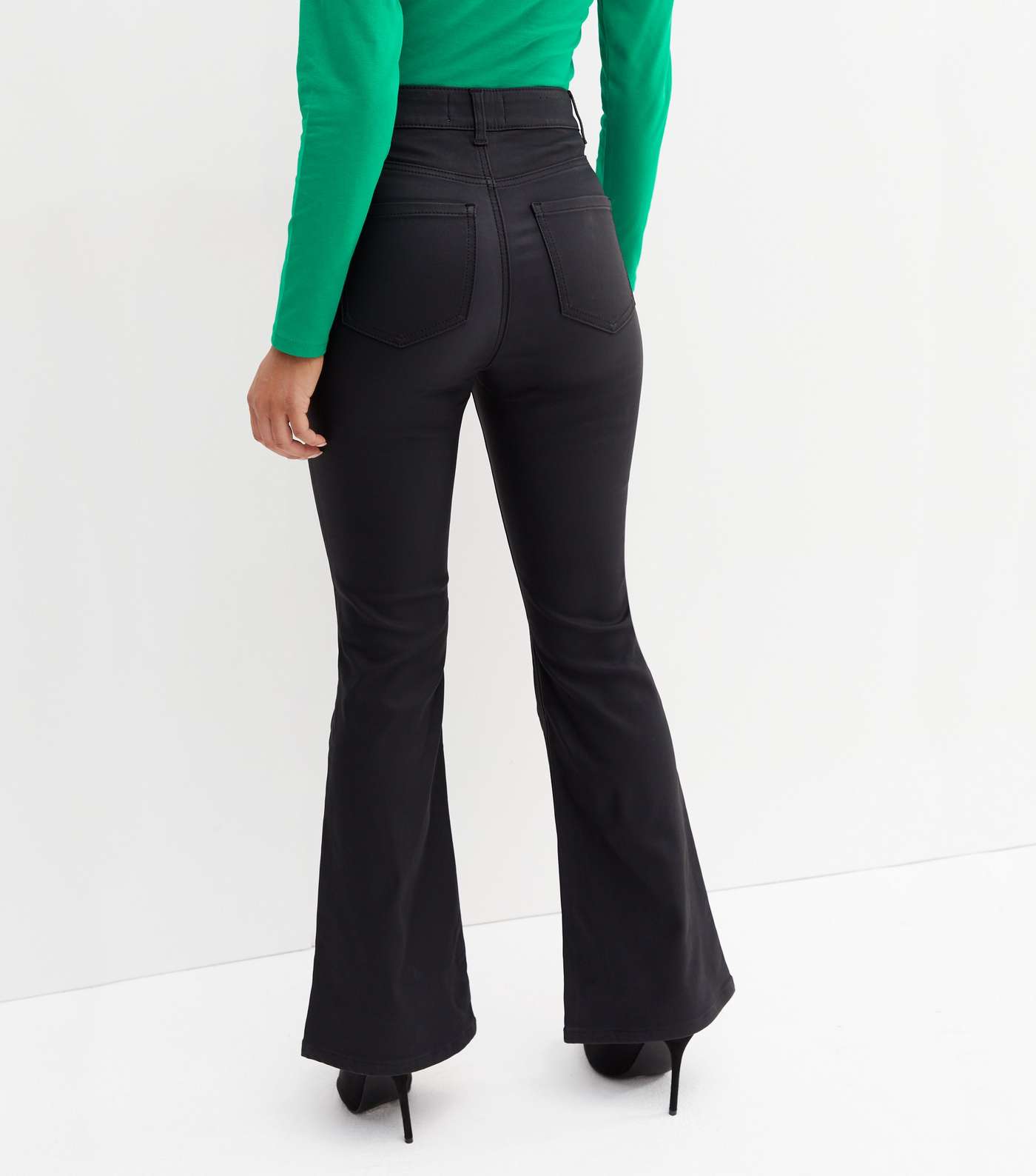 Petite Black Coated Leather-Look Waist Enhance Quinn Bootcut Jeans Image 4