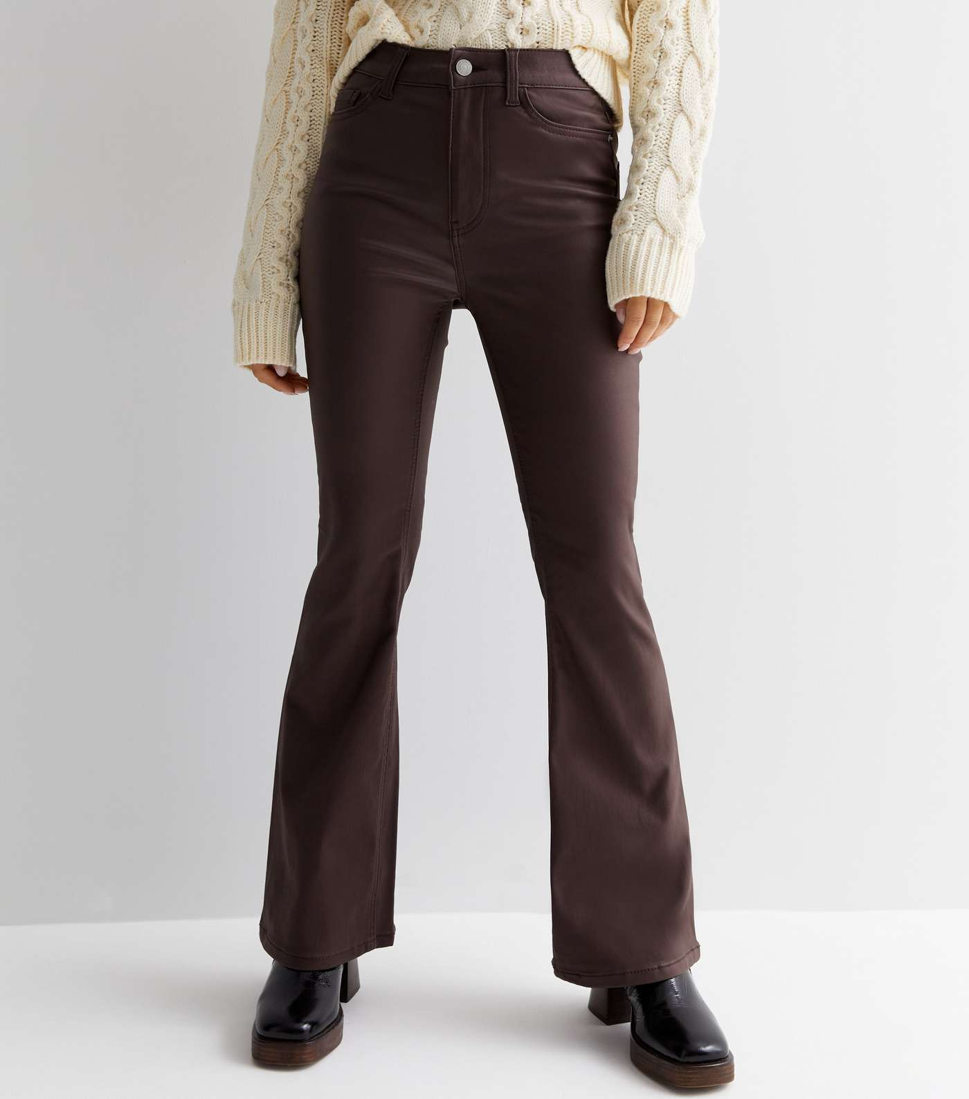 Petite Dark Brown Coated Leather-Look Waist Enhance Quinn Bootcut Jeans Image 2