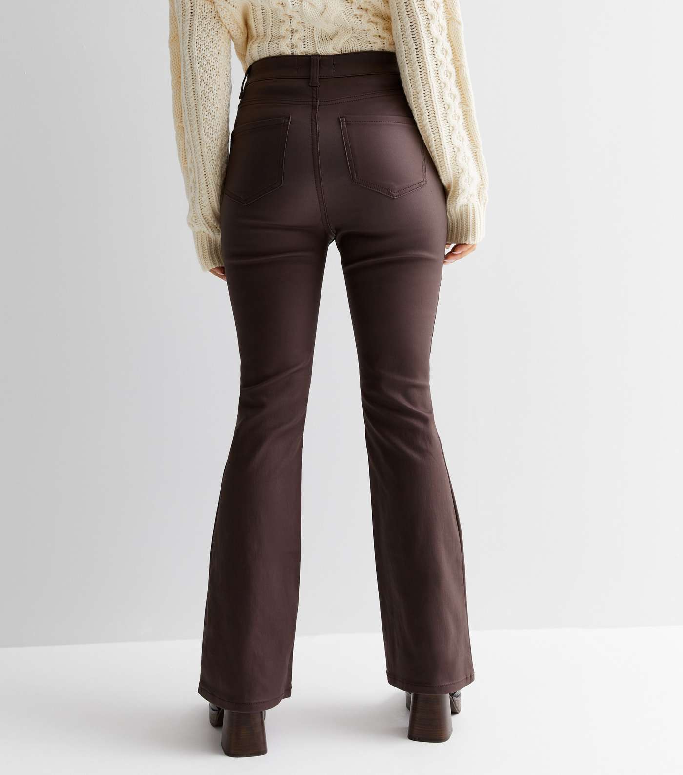 Petite Dark Brown Coated Leather-Look Waist Enhance Quinn Bootcut Jeans Image 4