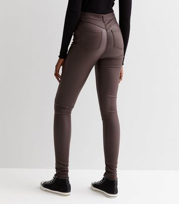 New Look Lift and Shape High Waisted Super Skinny Coated Jeans in Dark Brown