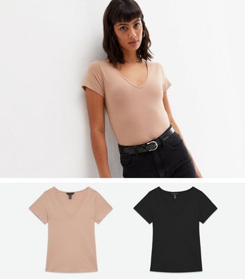 2 Pack Light Brown and Black V Neck T Shirts New Look