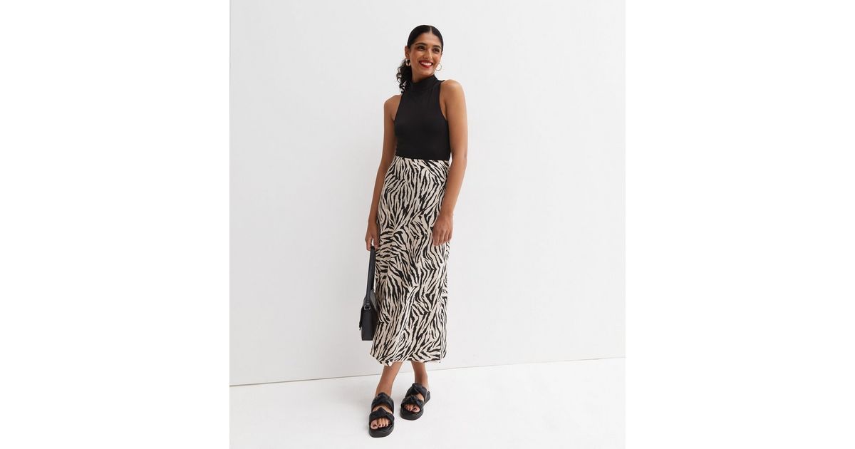 Stone Zebra Print Satin Bias Cut Midi Skirt | New Look