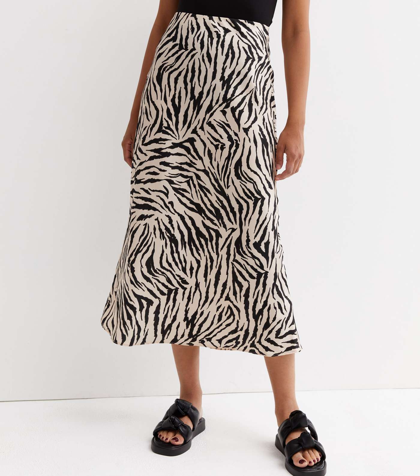 Stone Zebra Print Satin Bias Cut Midi Skirt Image 2
