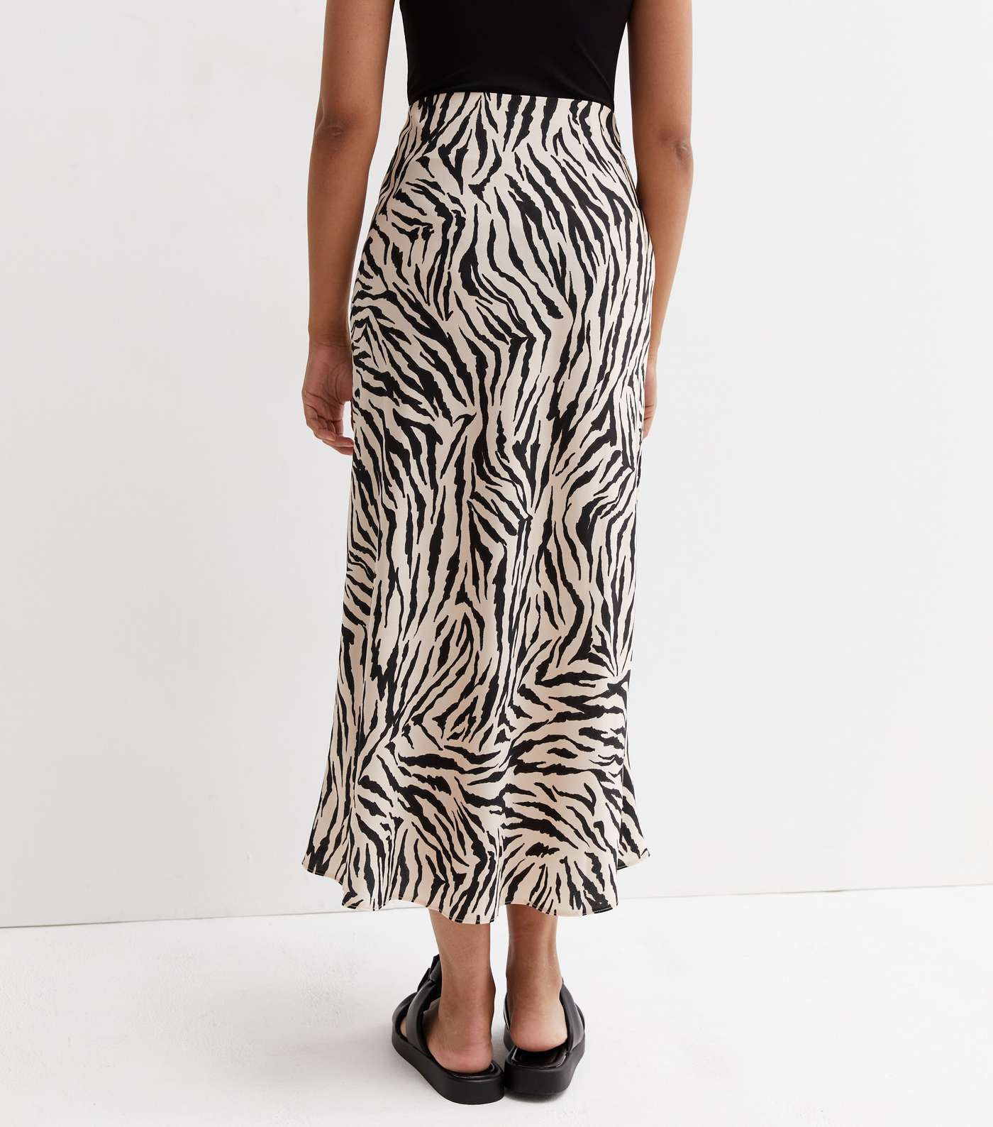 Stone Zebra Print Satin Bias Cut Midi Skirt Image 4