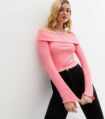 Bright Pink Ribbed Long Sleeve Bardot Top