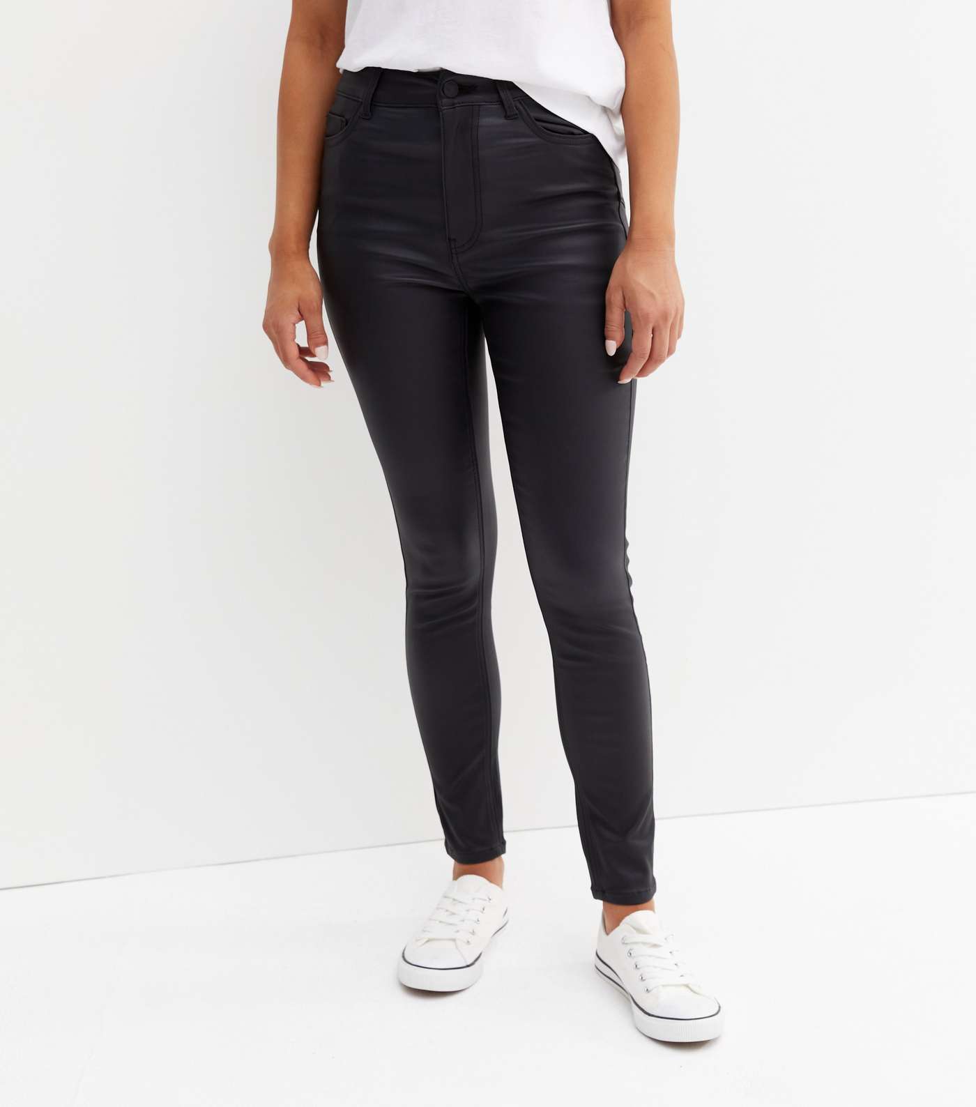 Petite Black Coated Leather-Look Lift & Shape Jenna Skinny Jeans Image 2