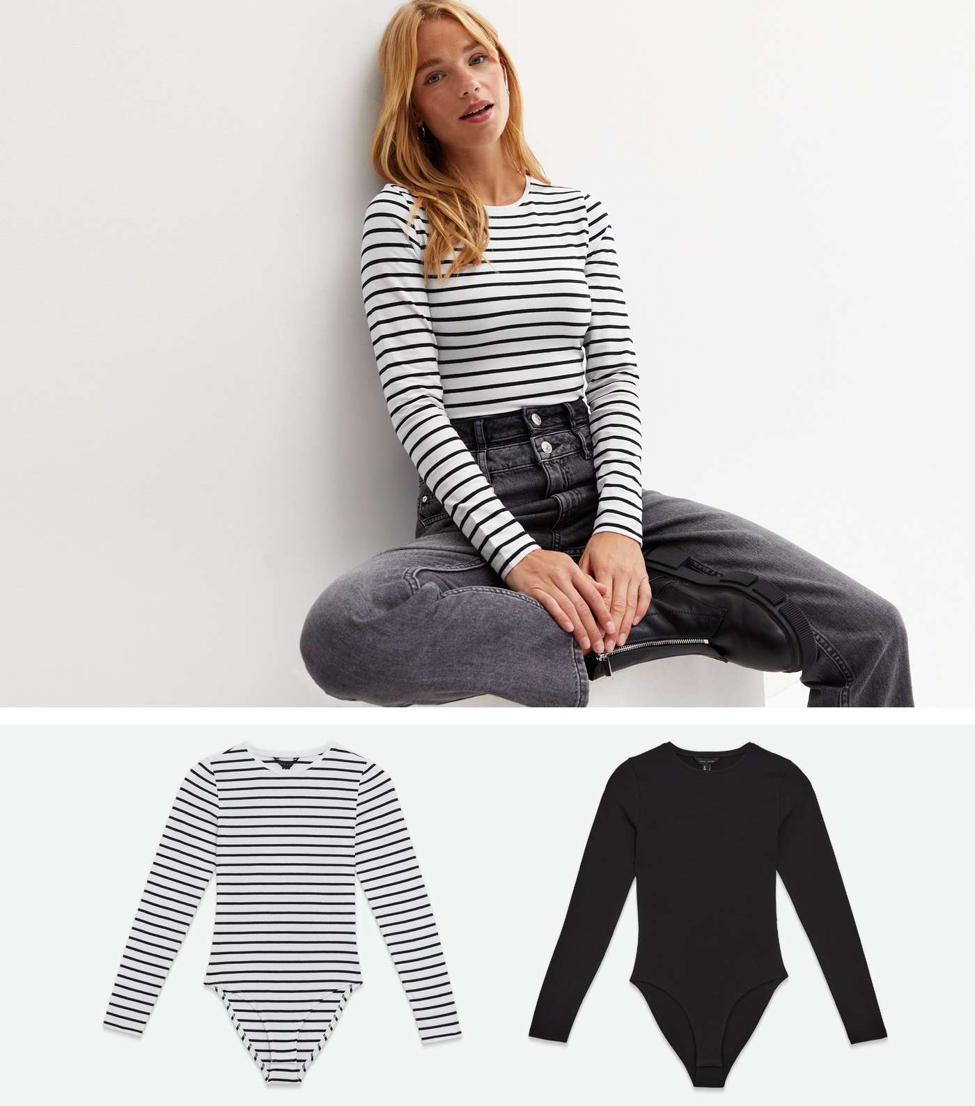 2 Pack Black and White Stripe Crew Neck Long Sleeve Bodysuits