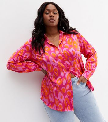 Curves Pink Animal Print Satin Oversized Shirt | New Look