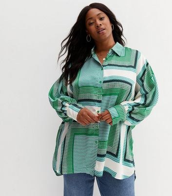 Curves Green Geometric Satin Shirt | New Look