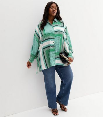 Curves Green Geometric Satin Shirt | New Look